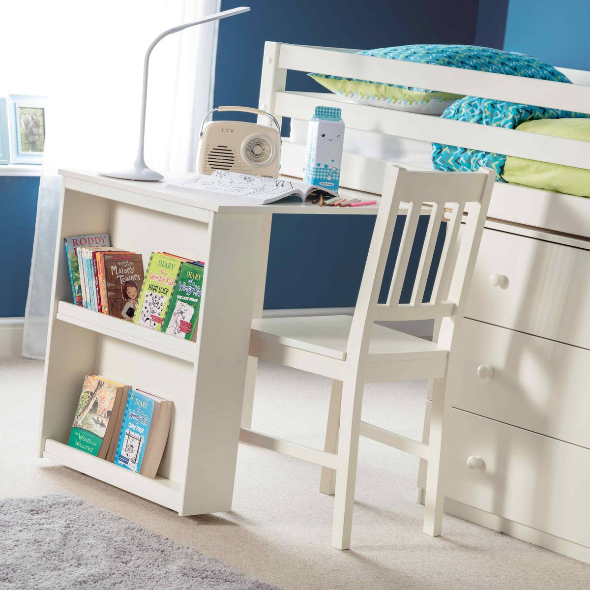 Extended desk view of this children's mid sleeper bed in stone white