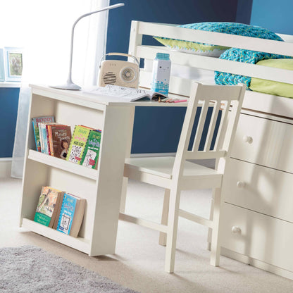 Extended desk view of this children's mid sleeper bed in stone white