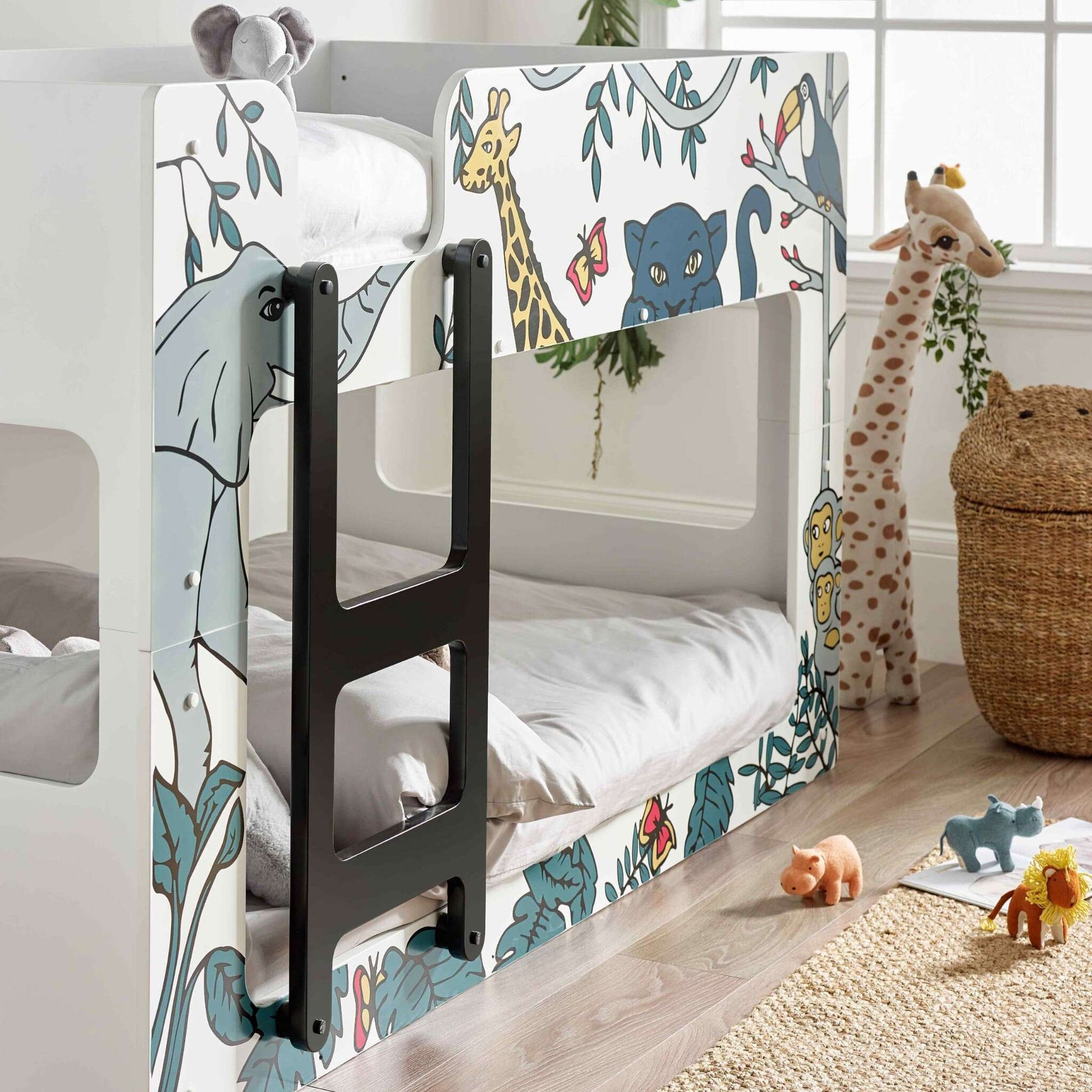 Angled view of this safari themed bunk bed with animal print design