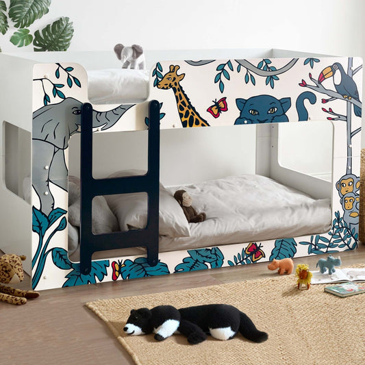 Safari Themed Bund Bed with animal print design in a child's bedroom setting