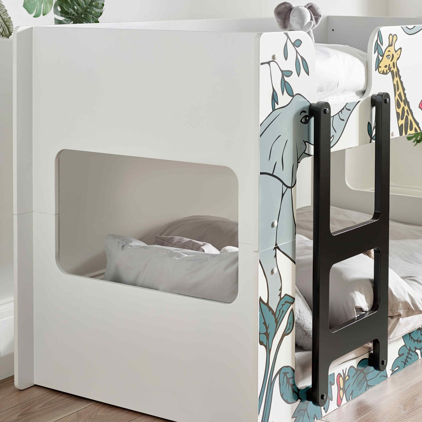 Headboard opening detail of this safari themed children's bunk bed