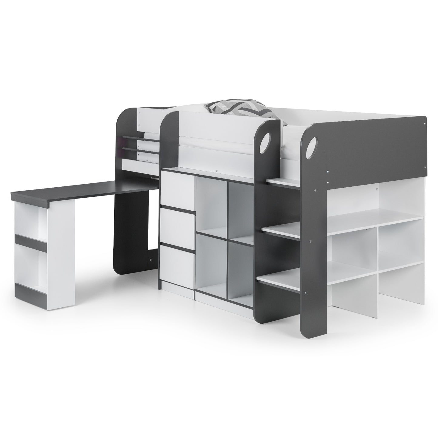 Angled view of Saturn Mid Sleeper Bed in charcoal with pull-out desk extended