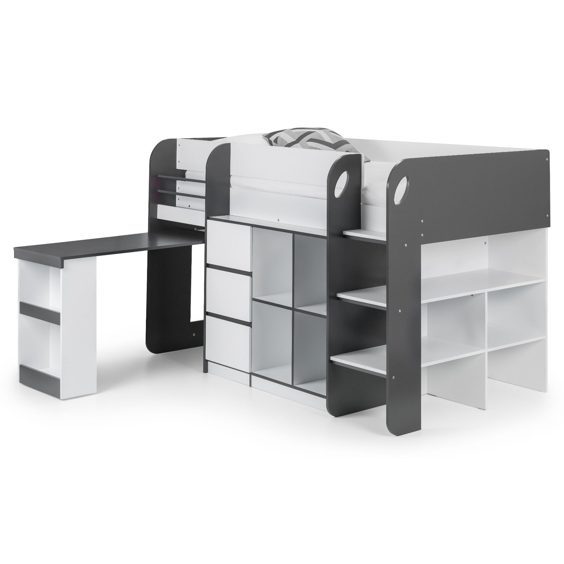 Angled view of Saturn Mid Sleeper Bed in charcoal with pull-out desk extended