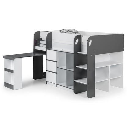 Angled view of Saturn Mid Sleeper Bed in charcoal with pull-out desk extended