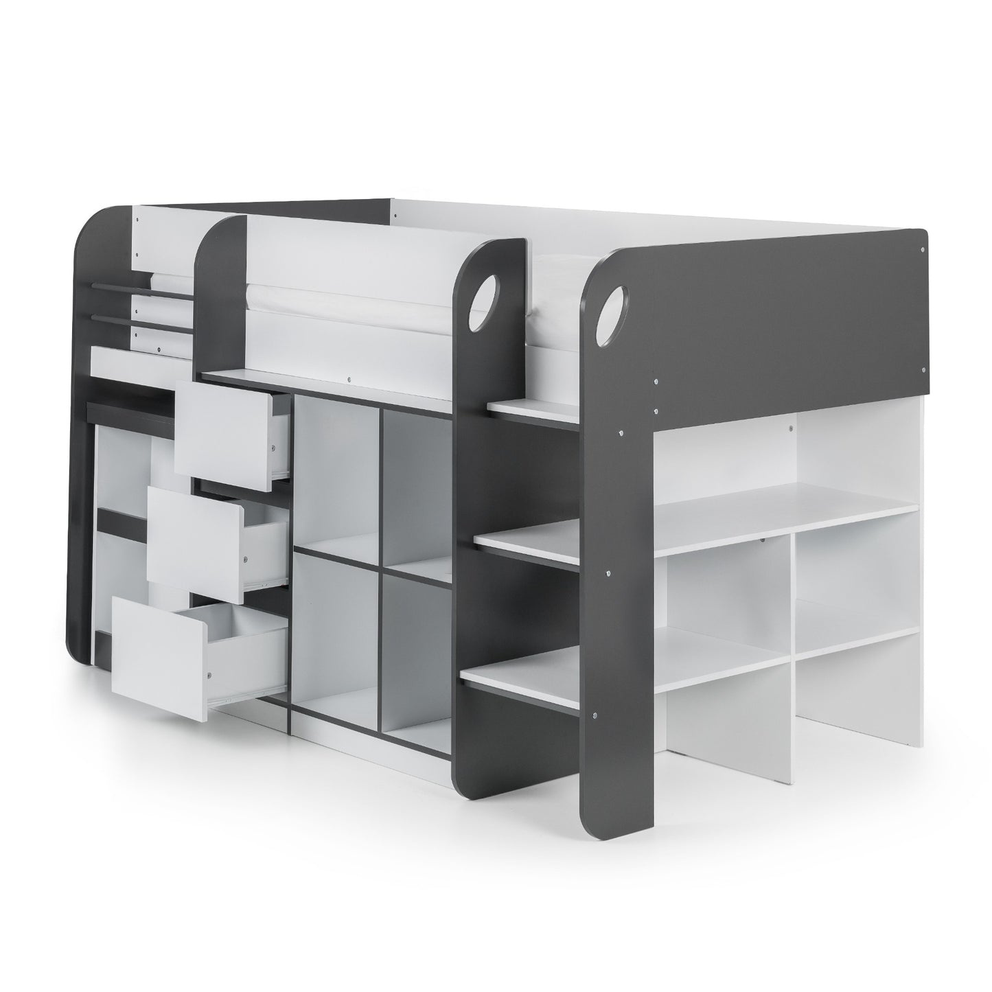Angled view of Saturn Mid Sleeper Bed in charcoal with drawers open