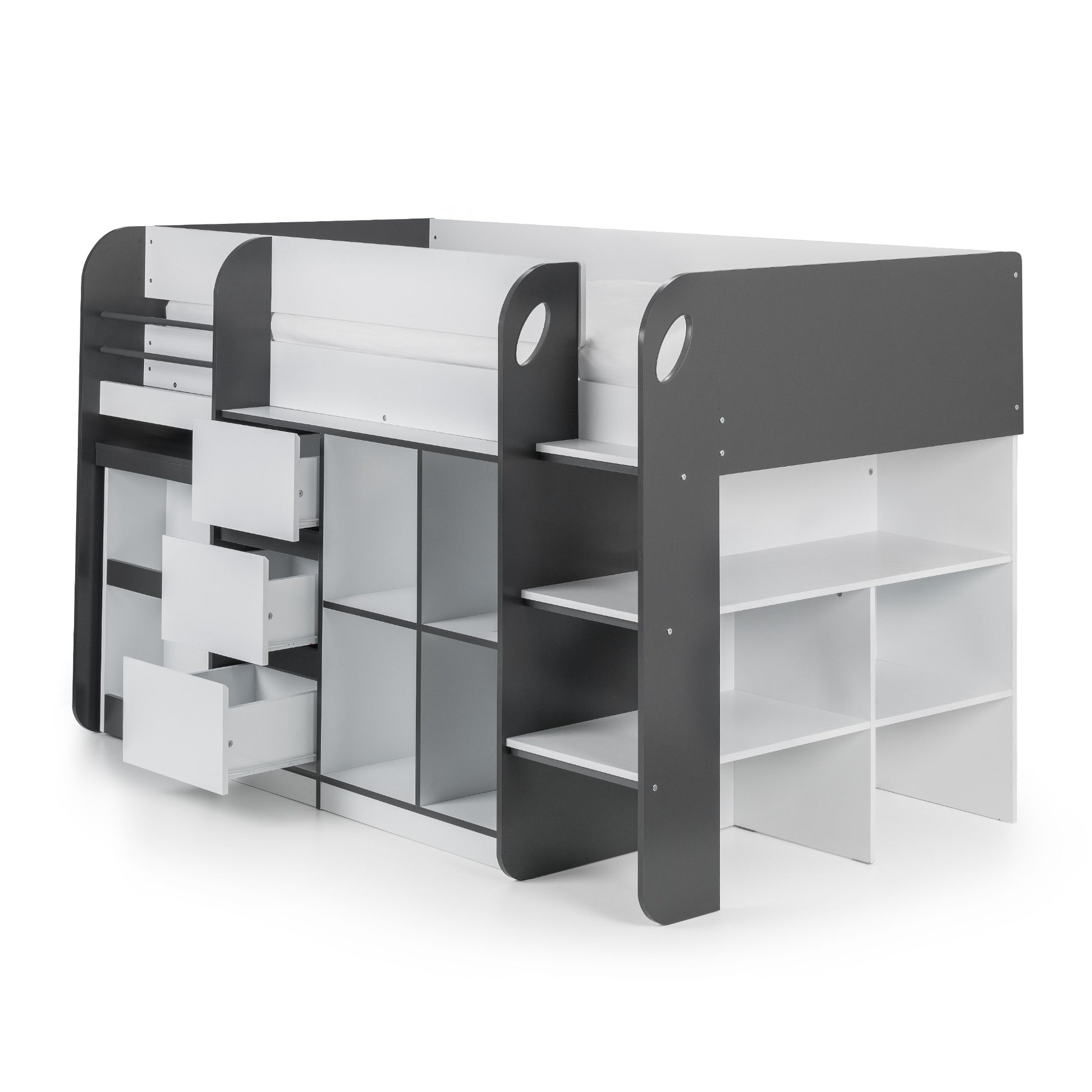 Angled view of Saturn Mid Sleeper Bed in charcoal with drawers open