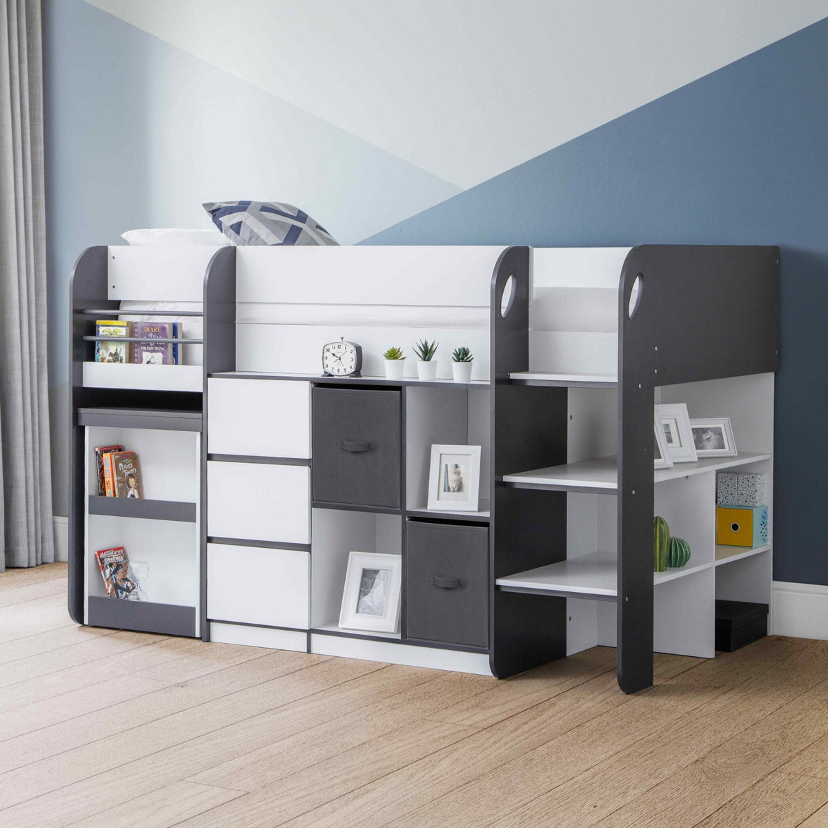 Saturn Mid Sleeper Bed in charcoal shown in a child's bedroom setting