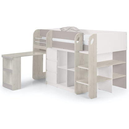 Angled view of Saturn Mid Sleeper Bed in pale wood with pull-out desk extended