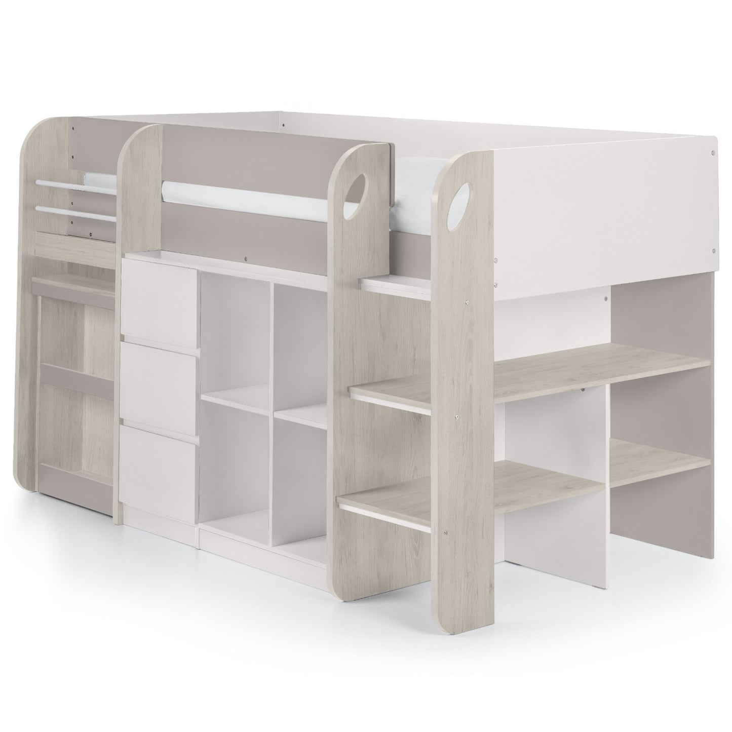 Angled view of Saturn Mid Sleeper Bed with pale wood styling