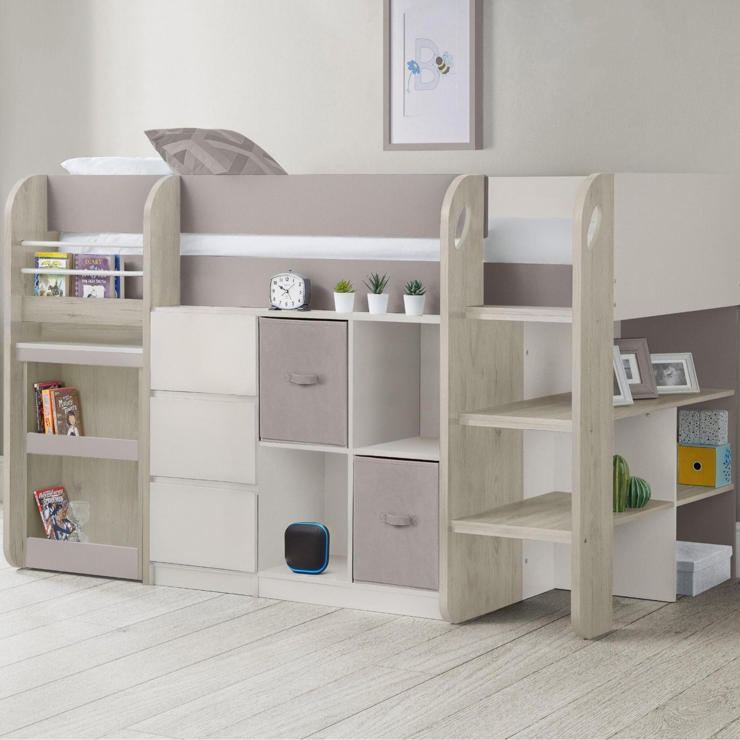 Saturn Mid Sleeper Bed in pale wood shown in a child's bedroom setting