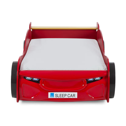 Front view of a red race car bed for children