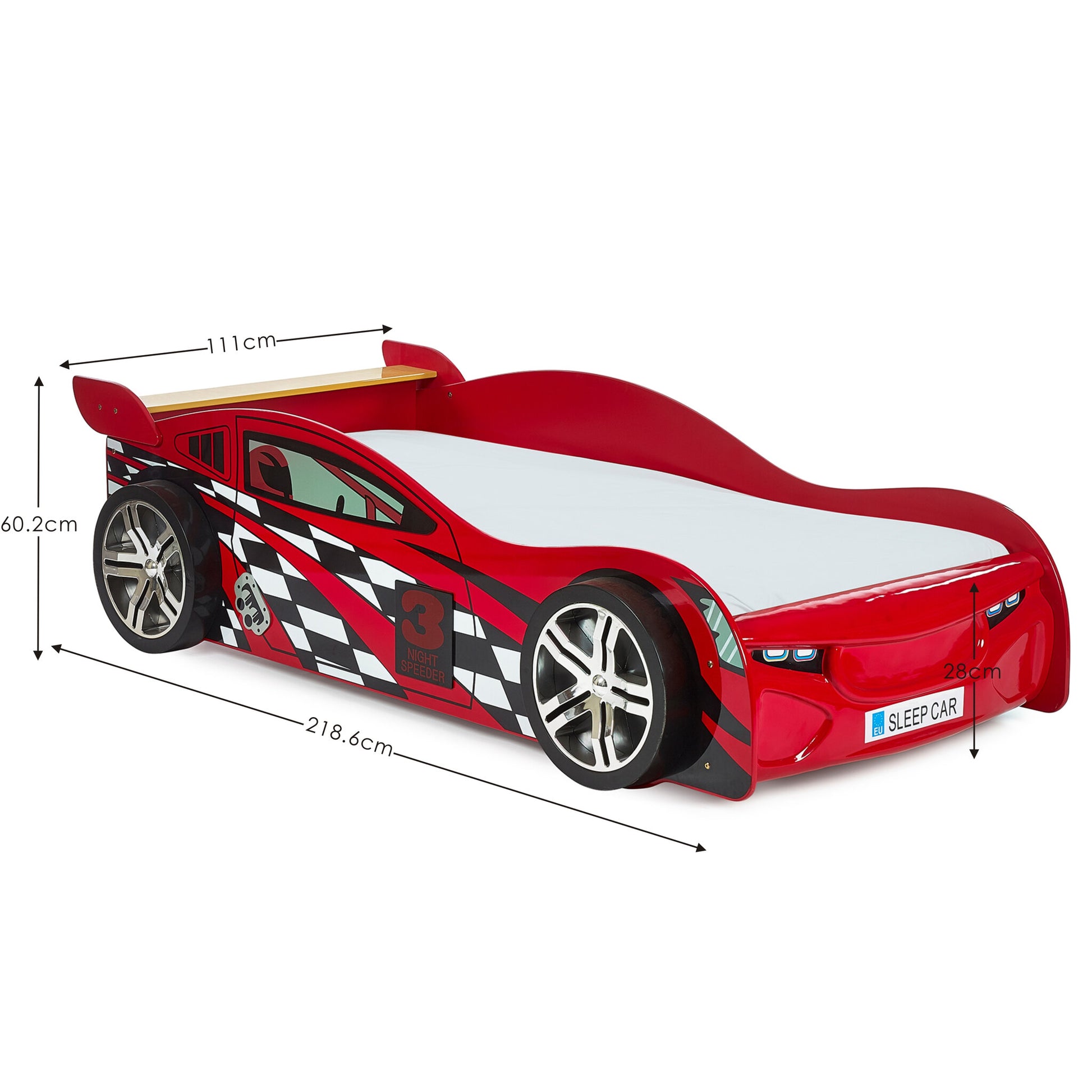 Red car-shaped bed with dimensions on a white background