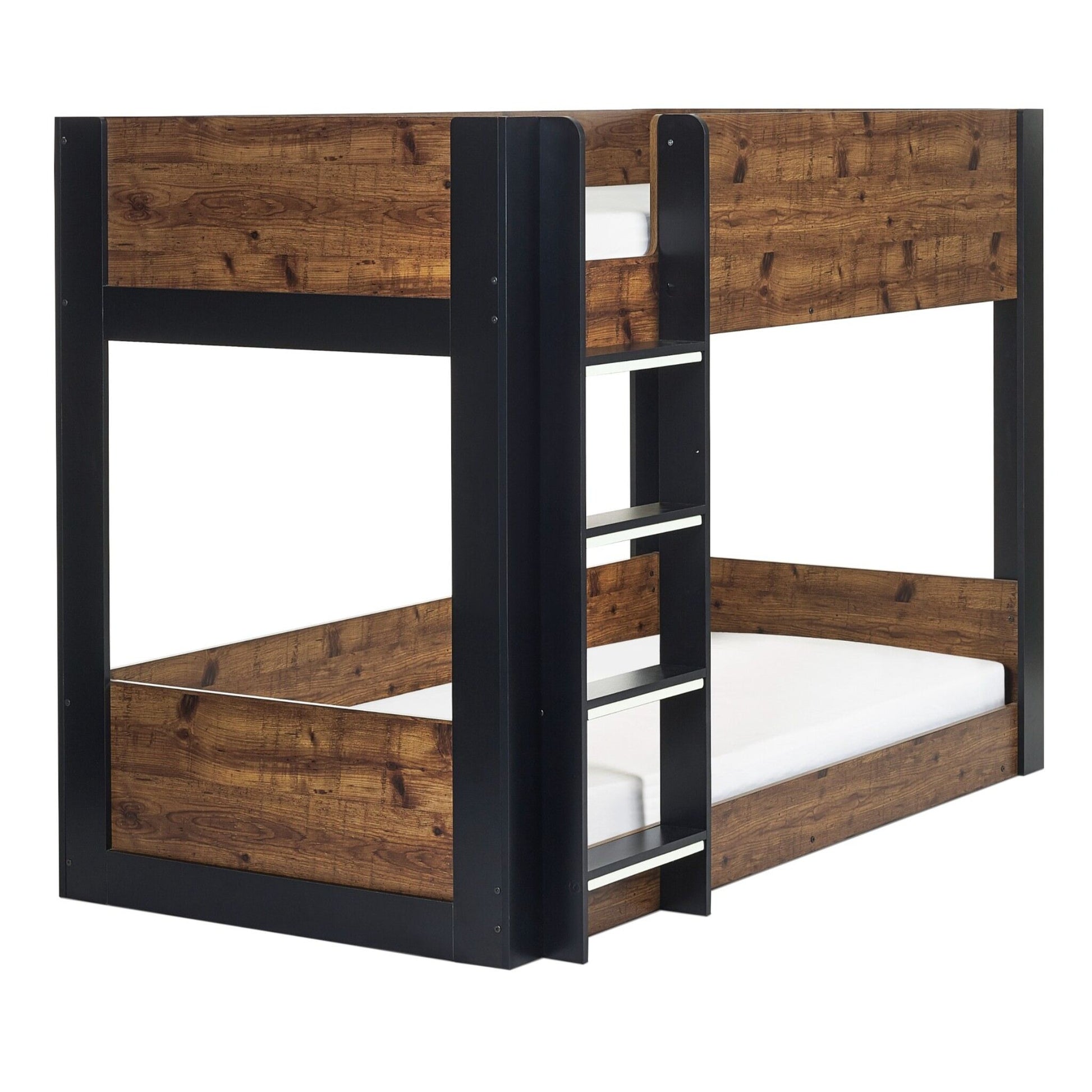 Angled view of Solomon Bunk Bed with a dark wood urban rustic finish and black frame