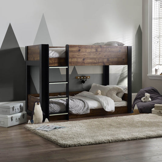 Solomon Bunk Bed with an urban rustic finish and low-level design shown in a child's bedroom setting
