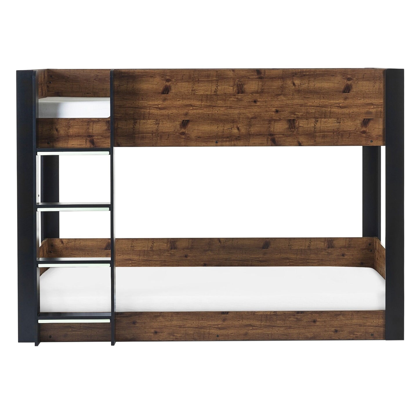 Front view of Solomon Bunk Bed with a dark wood urban rustic finish and black frame