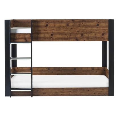 Front view of Solomon Bunk Bed with a dark wood urban rustic finish and black frame