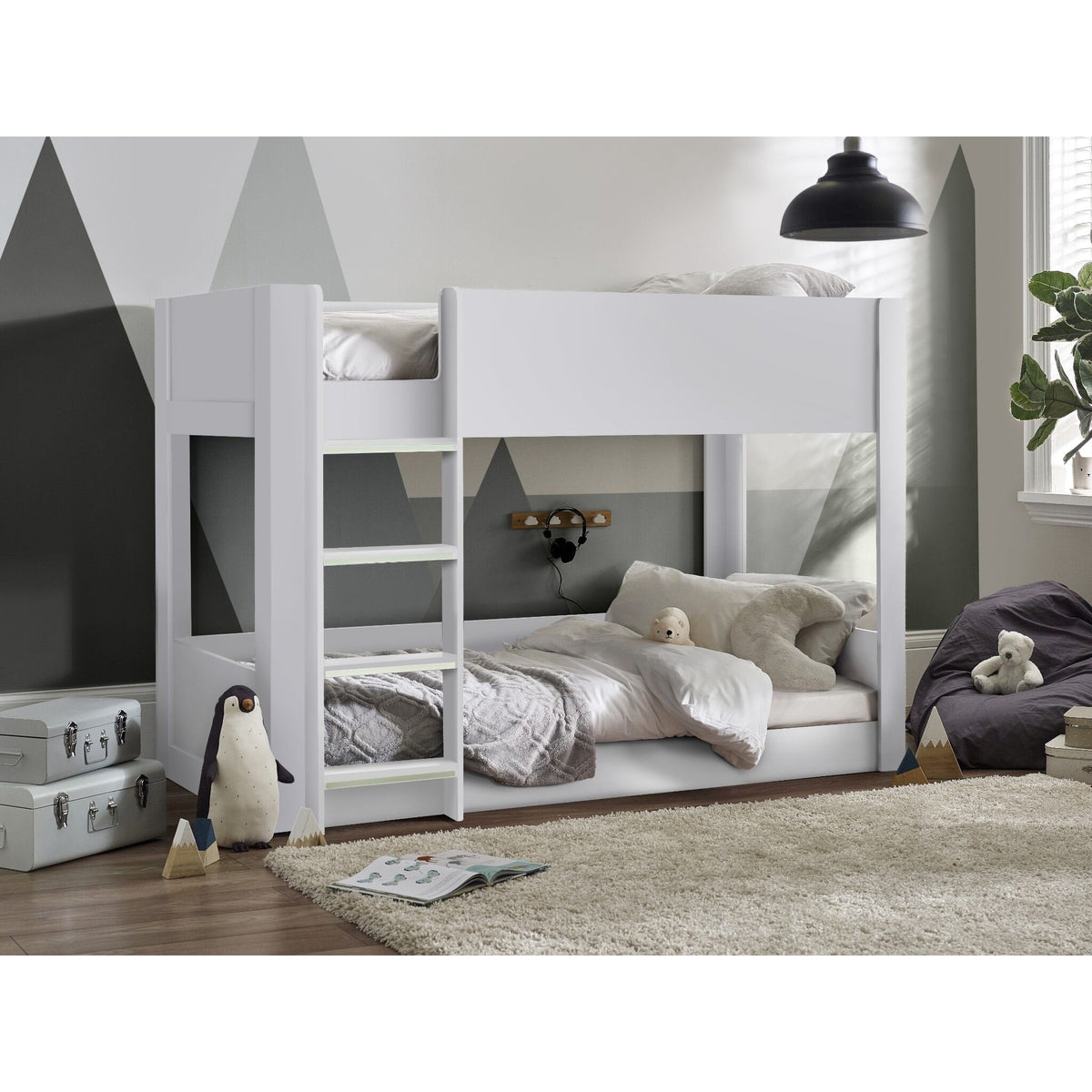 Wider bedroom view of the Solomon Bunk Bed in white