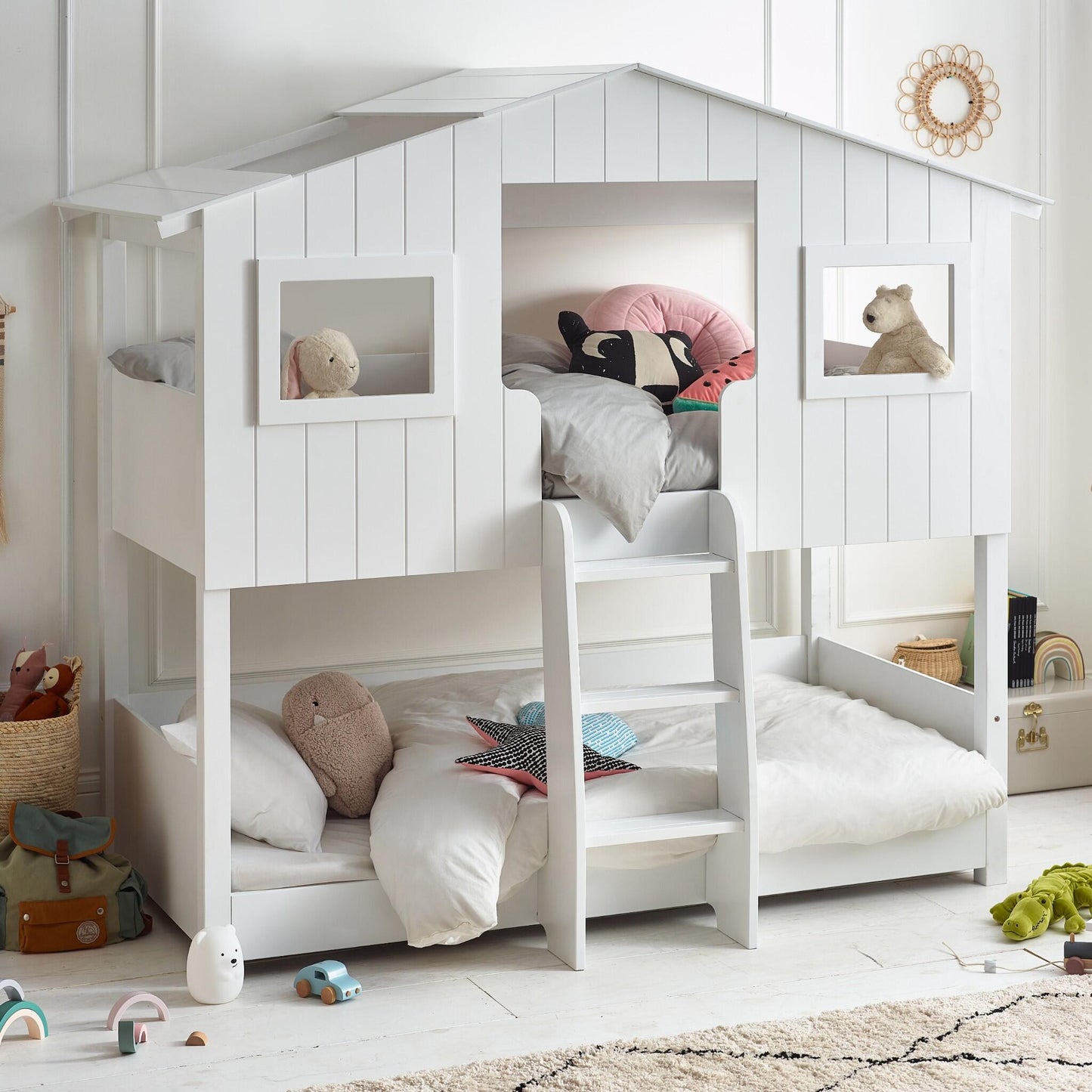 Willow Treehouse Bunk Bed in white, styled in a child's bedroom setting.