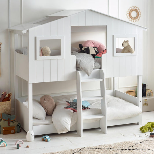 Willow Treehouse Bunk Bed in white, styled in a child's bedroom setting.